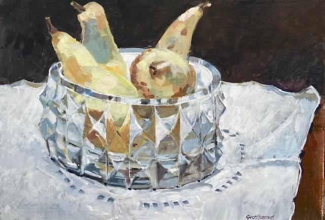 Geoffrey Harcourt: Pears in a glass bowl  