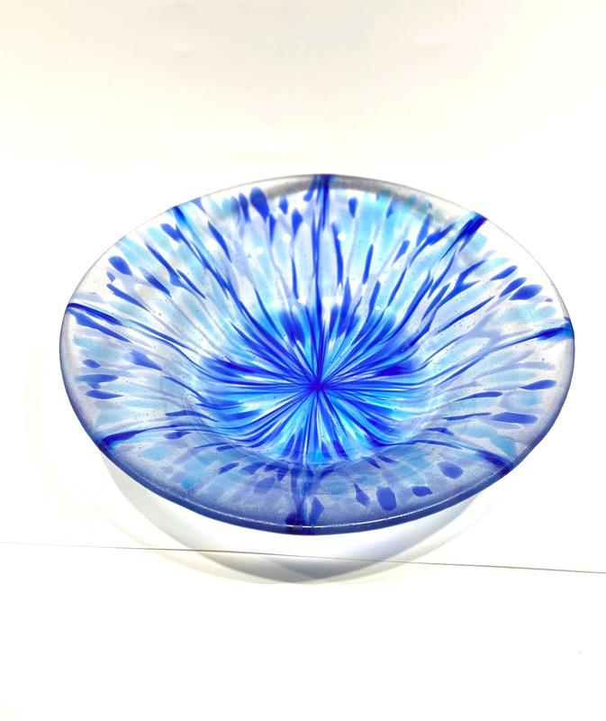 Deep bowl in royal blue, turquoise and sky blue 27cm diameter x 6cm high 