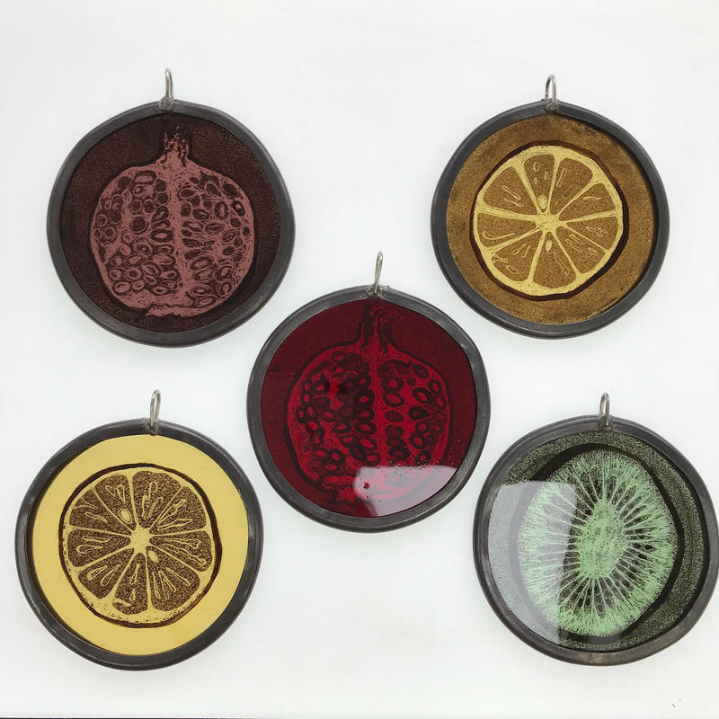Fruit roundels, painted glass