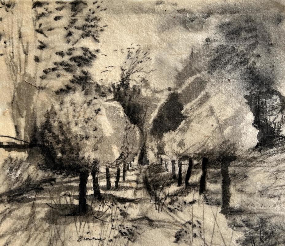 Avenue, evening - ink and charcoal
