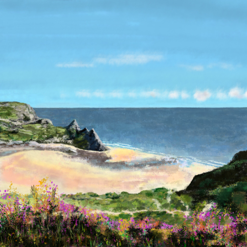 The 3 Cliffs Bay, Wales - Digital Art 30x30cm framed.