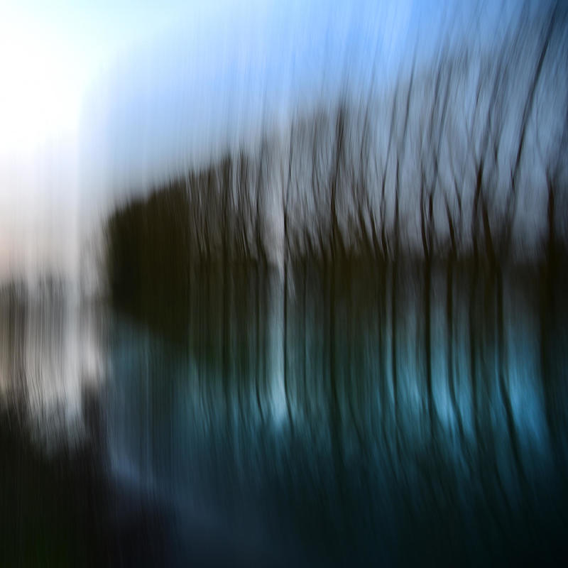 Blurred images of silhouetted trees by a river