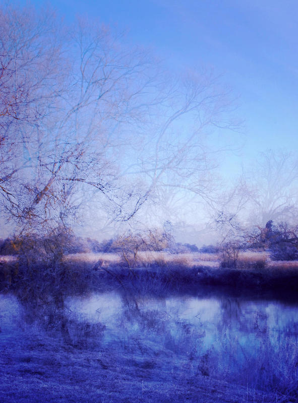 Wintery scene by a river bank with indistinct tree silhouettes