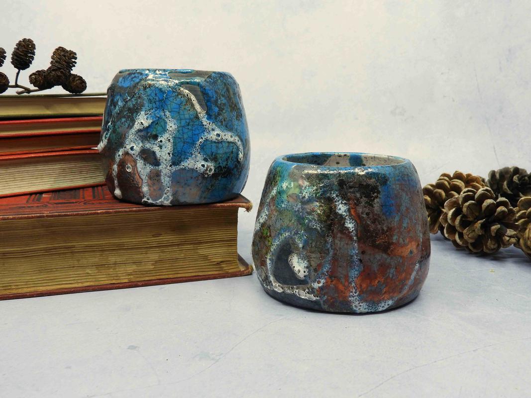 Two Raku fired ceramic pots, Turquoise and Green