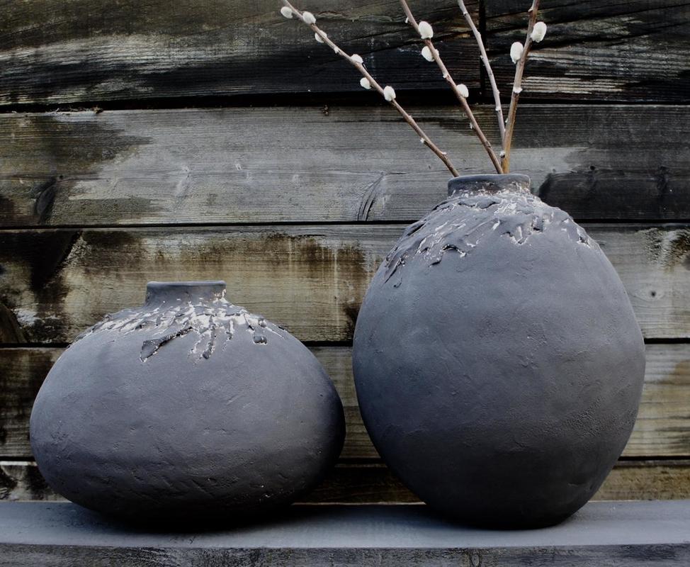 Black Stoneware Jars with Texture and White Slip