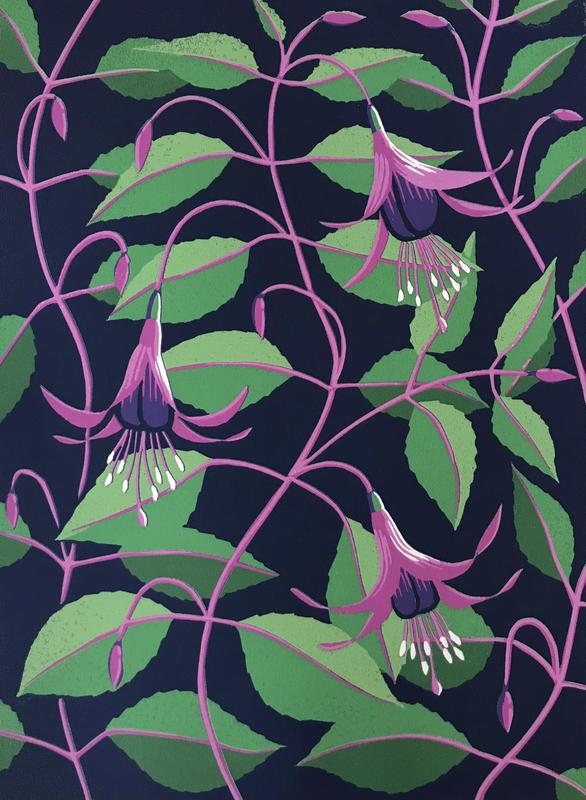 Fuchsias at 1 Brook Lane -linocut by Gerry Coles £45 Unframed