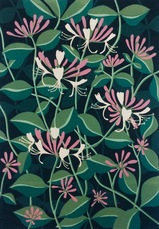 Honeysuckle in the shadows - linocut by Gerry Coles NFS