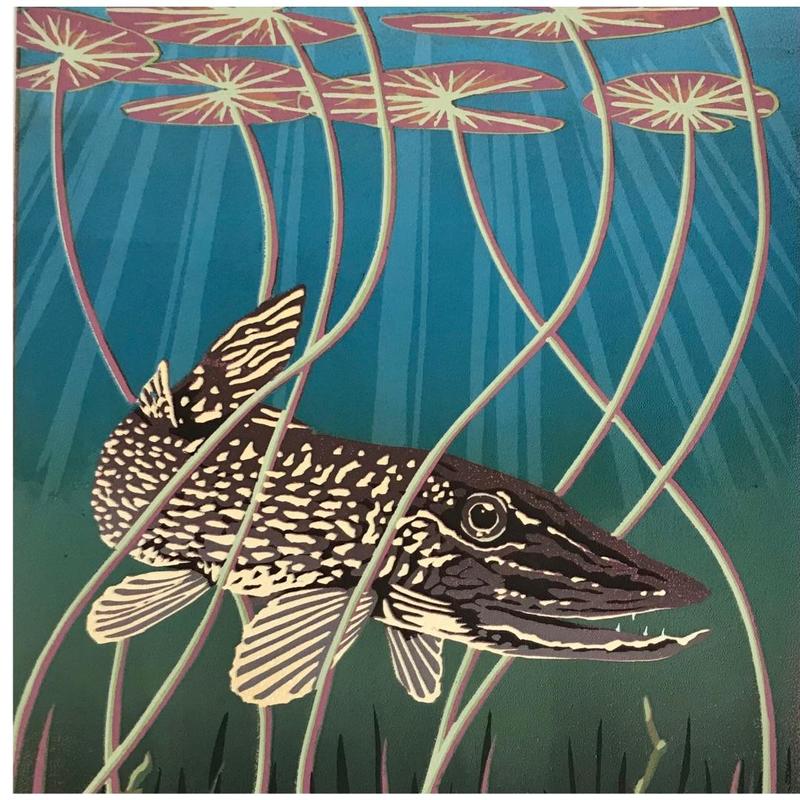 Pike amongst the water lilies Linocut by Gerry Coles £55