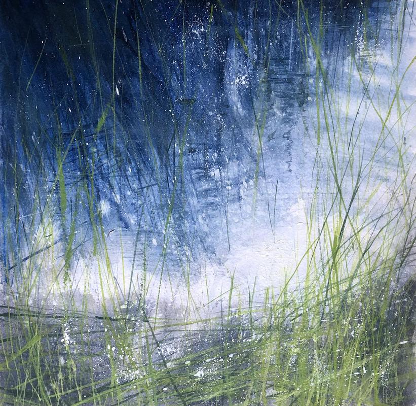 Pool reflections with reeds. Acrylic