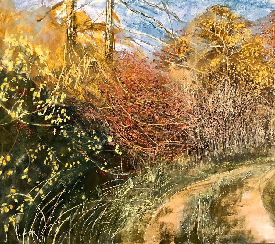 Autumn trees Roundabout archaeological site near Chipping Norton. mixed media. 
