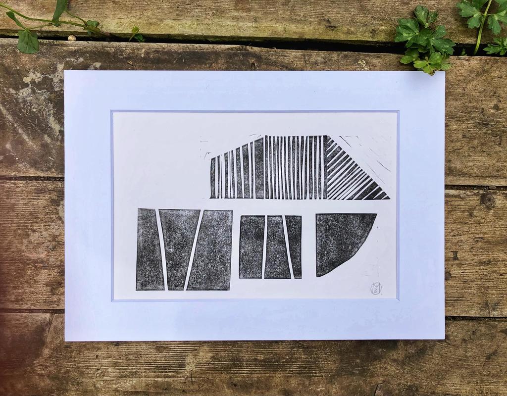 Charmouth rock lines. Lino cut on archival paper. Abstract geometric.