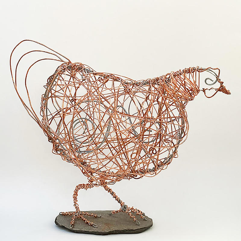 Wire chicken on slate base. Approx 24cm high. Indoor or outdoor sculpture. £100