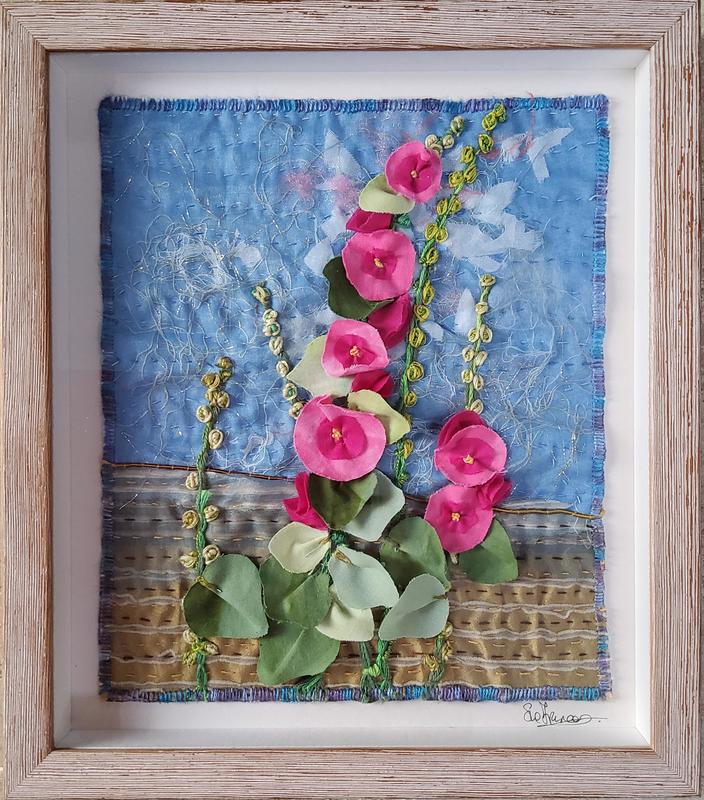 "Hollyhock" hand embroidered, 3d textile piece in box frame.