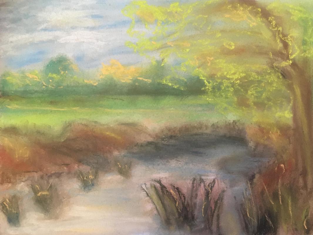 River at Somerton, Oxfordshire, in pastels