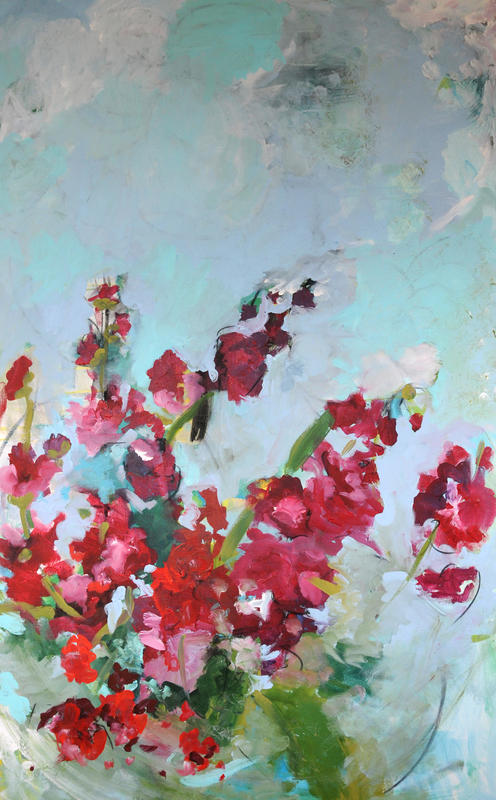 a large bunch of red flowers, created by gestural paint