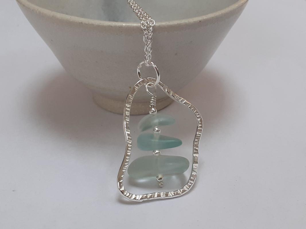 silver pendant with 3 sea glass beads