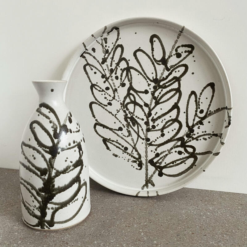 Jess Sarson: Leaf motif platter and bottle vase/pourer set