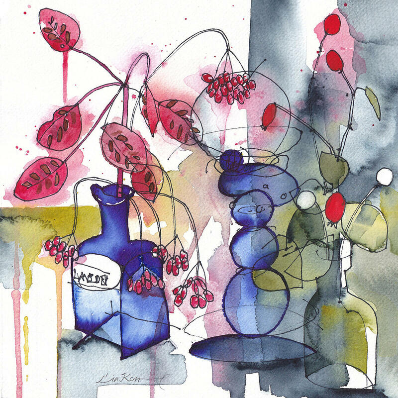 Blue Candlestick and Red Leaves Watercolour by Lin Kerr
