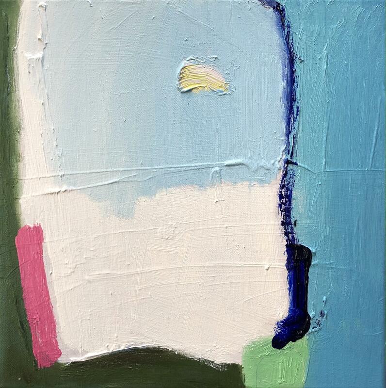 Colours of a Day, Noon - Oil on Canvas - 30x30cm - £395 A square painting of areas of blue, green, white, yellow and pink