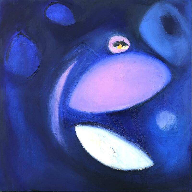 The Spaces In Between - Oil on Canvas - 80x80cm £1500 - A square abstract painting with a background of ultramarine and floating shapes of lilac and paler blue over the top.