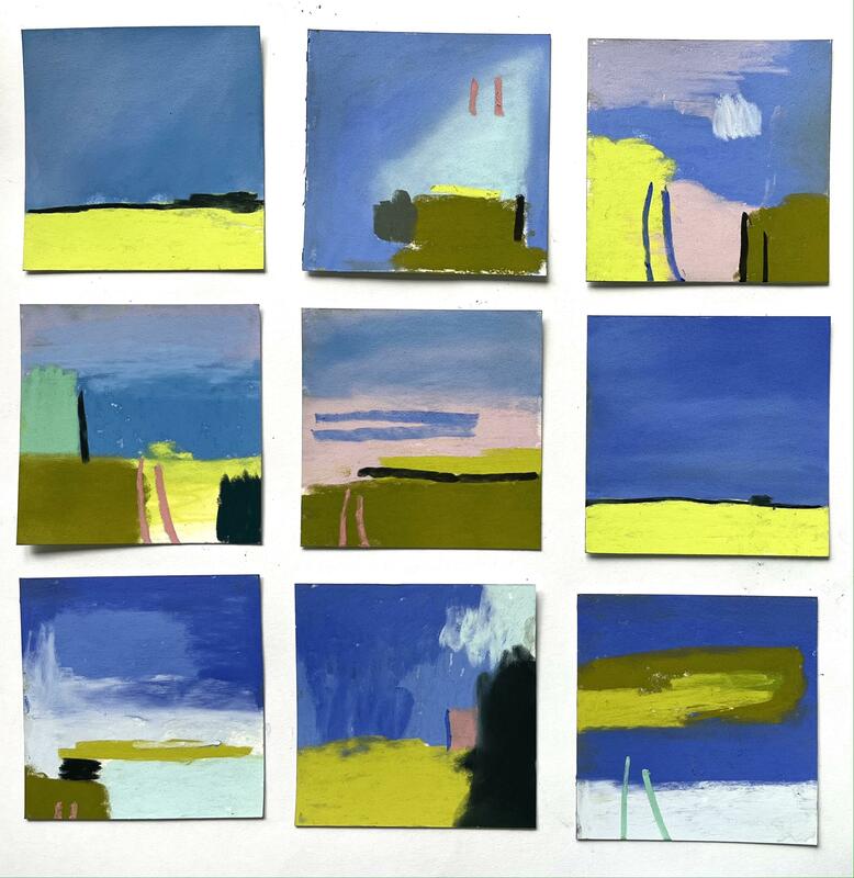 Colourfield - Pastel on Paper - 9 blocks each 10x10cm £60 each or £450 as a set - A grid of 3x3 square pastel drawings in blues, pinks and yellow/green.