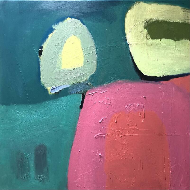 Colours of a Day From Above - Oil on Canvas - 80x80cm £1500 - A square abstract painting with pink and orange areas on the right and blue/turquoise on the left. Uneven circular shapes painted over the top of these colours. 