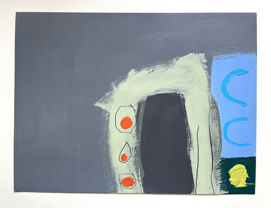 Slate Grey - Acrylic on Paper - 30.5x40.5cm unframed  £350 - Rectangle painting on paper with a large are of slate grey at the top and left with grey/green arches and blue brushstrokes on the right. Orange and yellow dabs of paint are over the top of these shapes.  