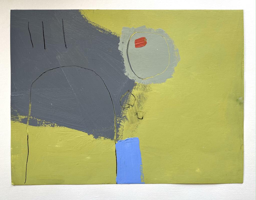 Yellow - Acrylic on Paper - 30.5x40.5cm unframed £350 - A rectangle painting on paper with a large area of yellow and a grey block on the left. Small blue and orange marks made over the top. 