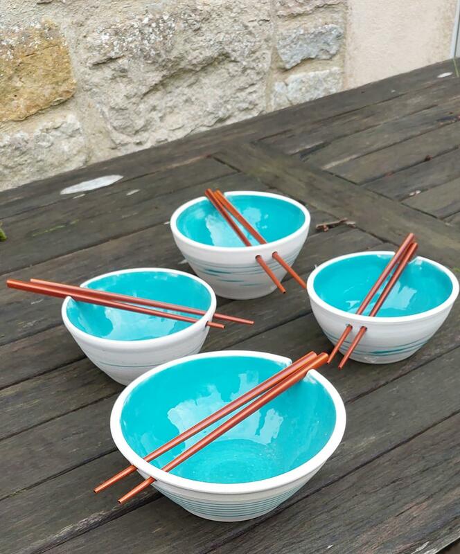noodle bowls in stoneware with chopstick holes and rest