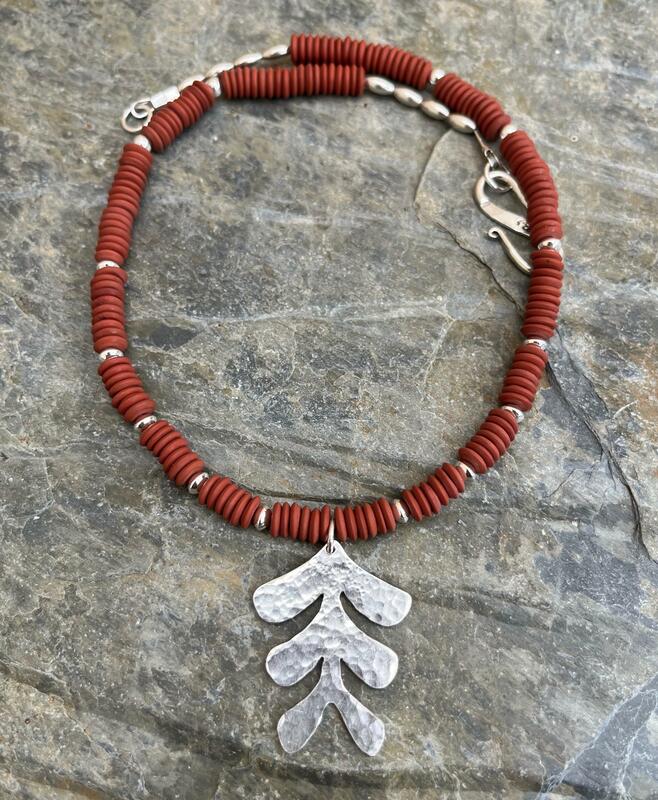 Handcut textured silver pendant with red jasper £78