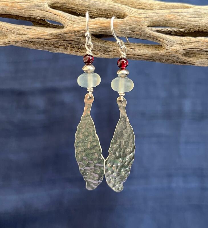 Hammered silver earrings with sea glass and garnets £45