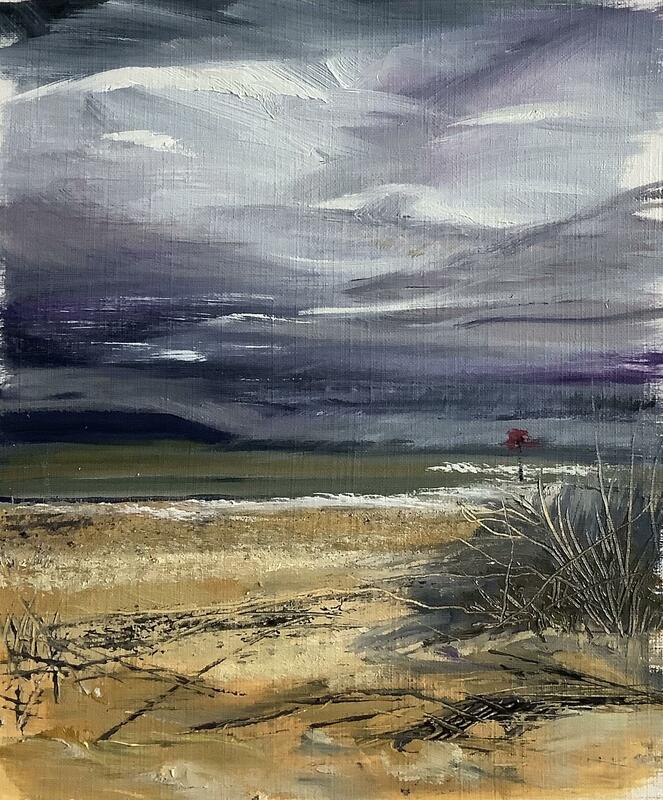 Mudeford Beach.   Oil on paper.  23x23cms 