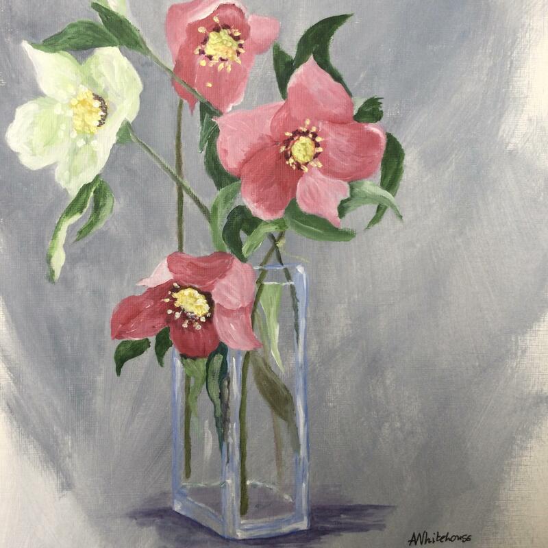 Vase of Pink and White Hellebores, Acrylic