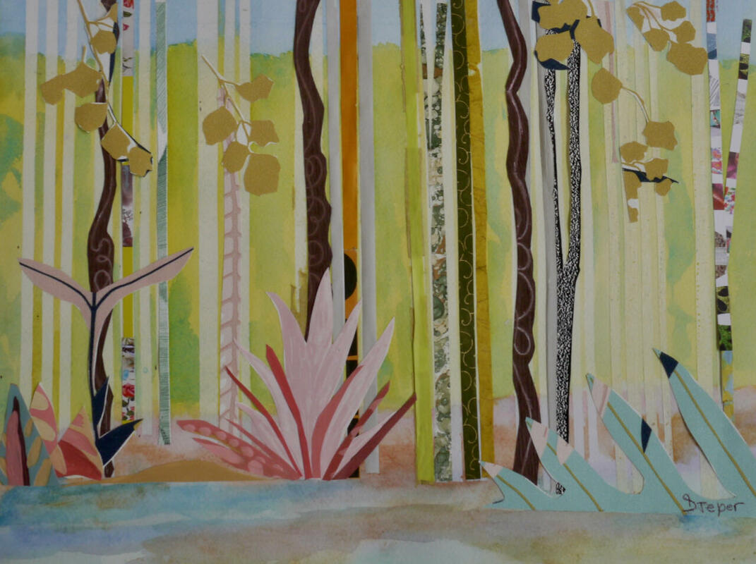 1.	Forêt Enchantée, 2022-23, 40 cms x 29 cms, Watercolour & Collage, £300