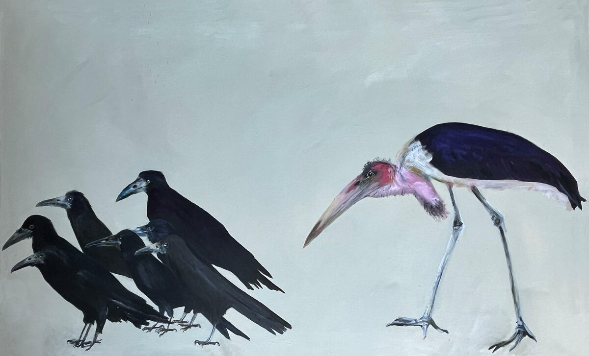 Marabou stork and raven painting by Anna Lockwood