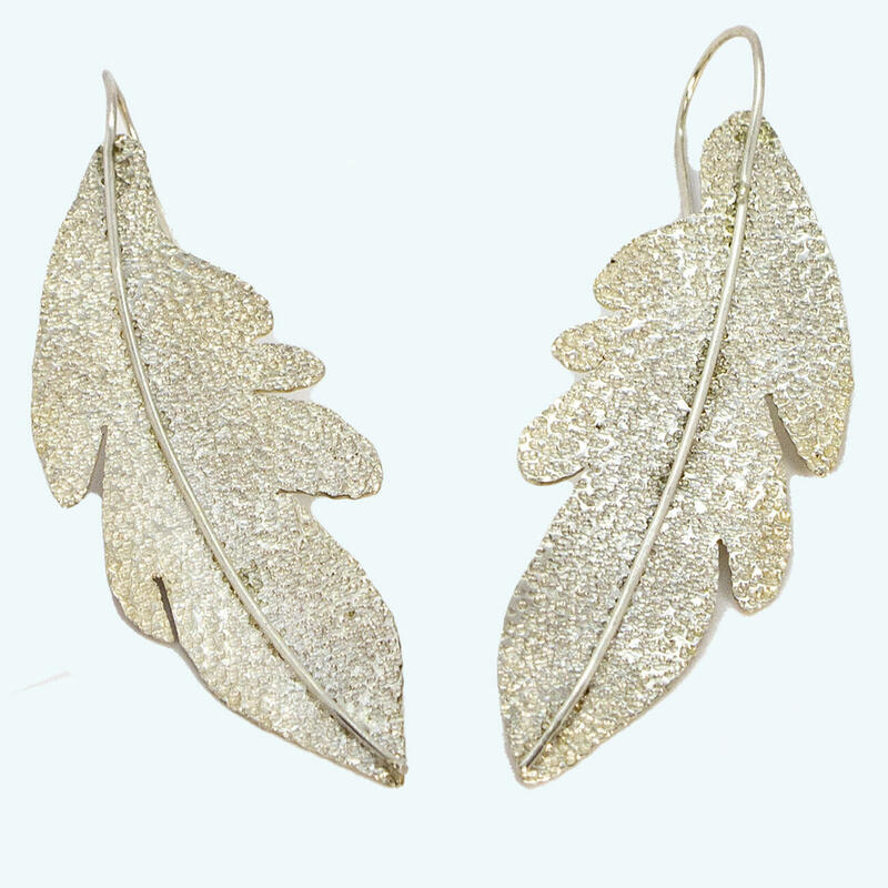 Sterling silver long leaf drop earrings with sandstone finish