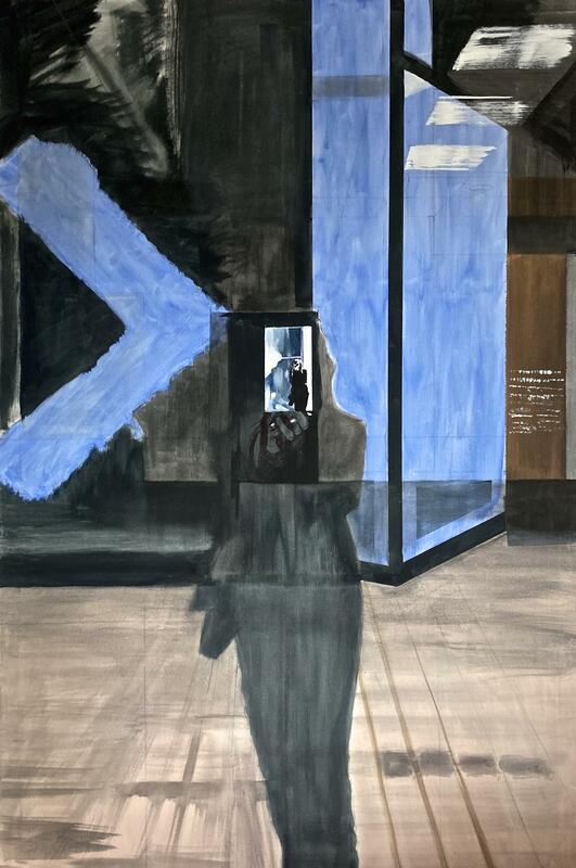 'Blue Gap' 100 x 150cm, 2022 Oil, acrylic, marker pen & graphite on canvas. Shadowy silhouette figure in large empty shop unit.  