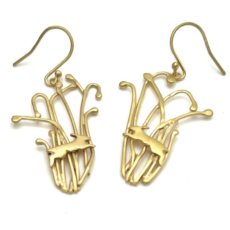 Gold on Sterling Silver handmade Earrings Hares in Grass