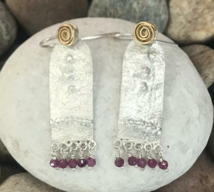 Embossed Sterling Silver with 18ct Yellow Gold & Ruby Earrings
