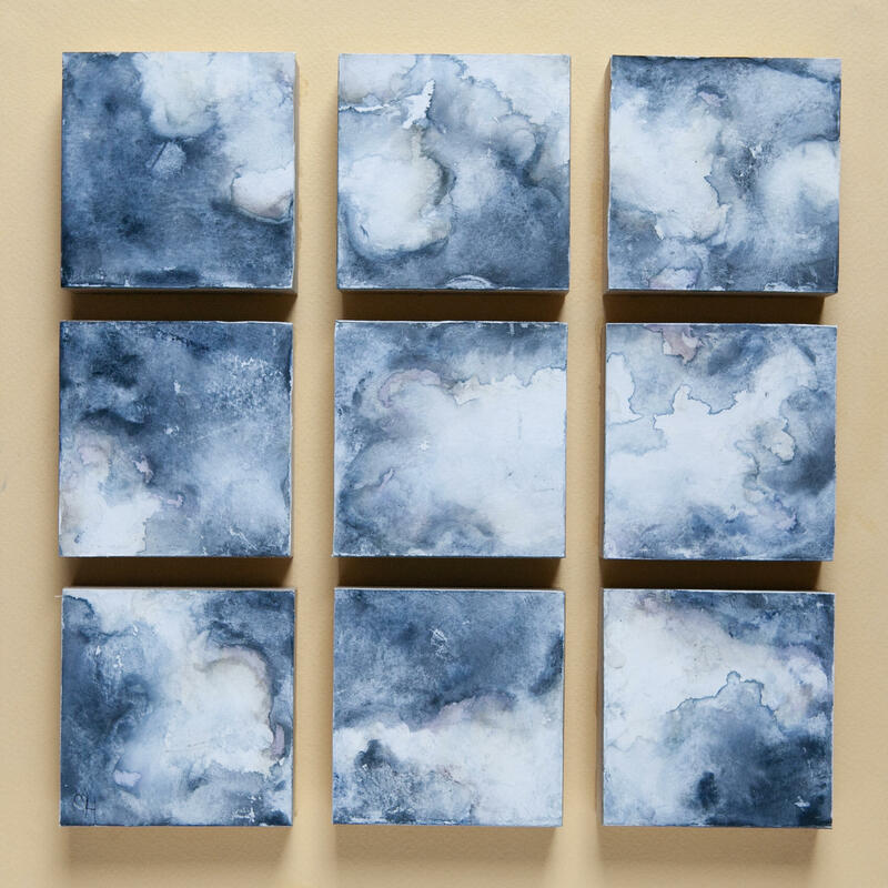 'Big Skies at FarmEd', natural watercolour paint on paper on wood blocks, 44 x 44 x 5cm (framed), £250
