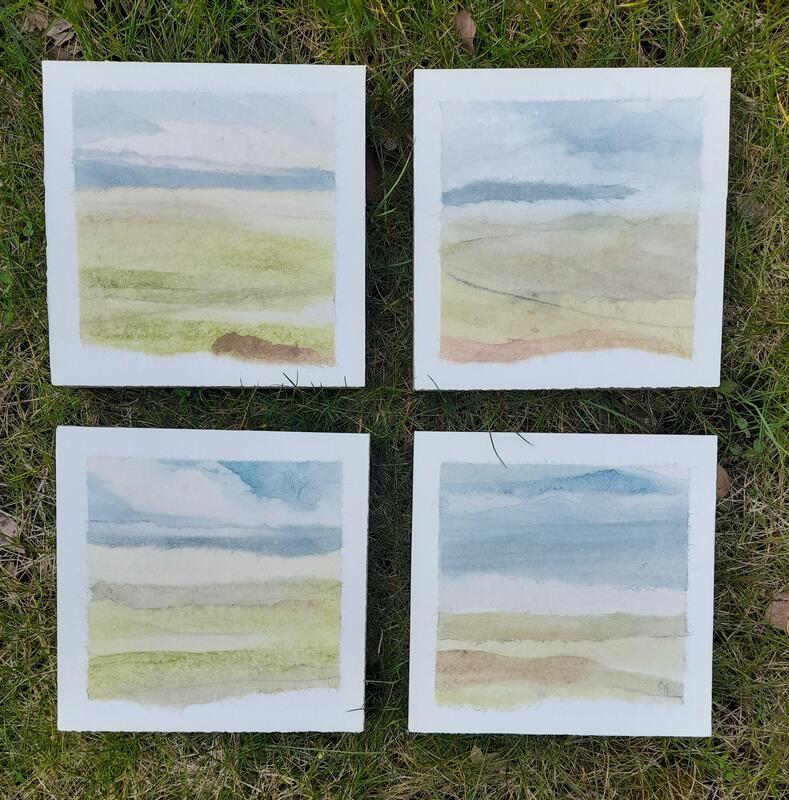 'Gently Rolls the Landscape under a Blue Woad Sky', natural watercolour paint on mulberry paper on wood block, 15 x 15 x 2.5cm, unframed, £80 each