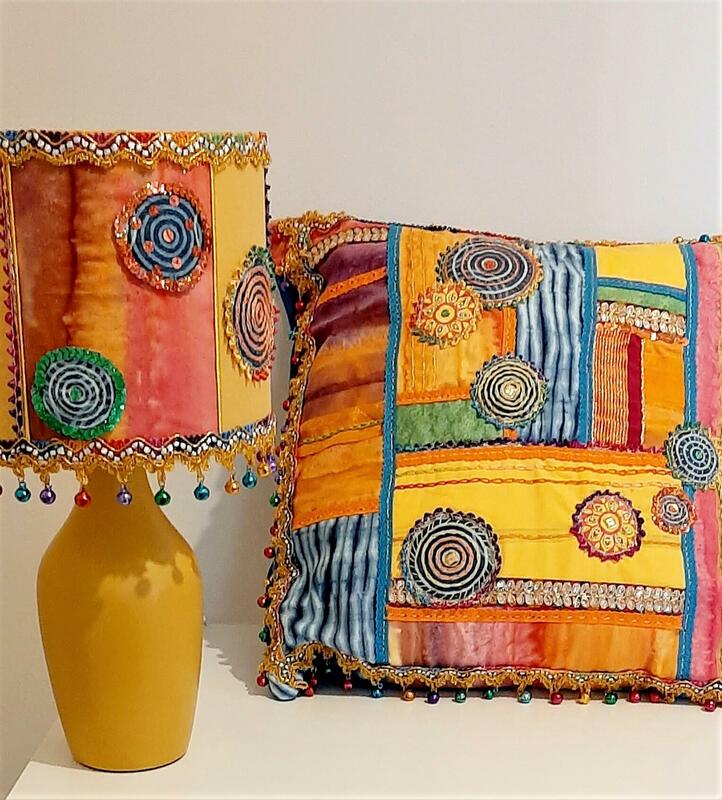 Indian influenced cushion & lampshade - mixed textiles and embroidery