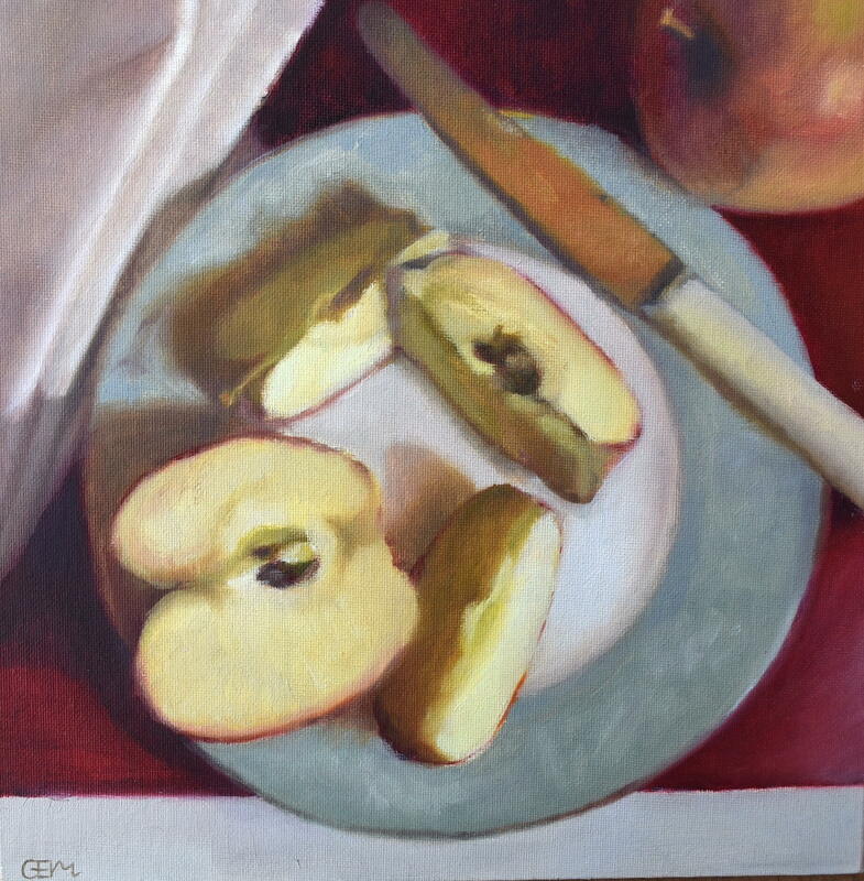 Apple A Day. Oil on canvas board. Framed 35x35cms. £395