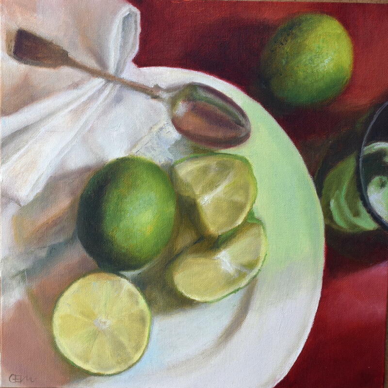 Green Glass & Limes. Oil on canvas board. Framed 35x35cms. £395