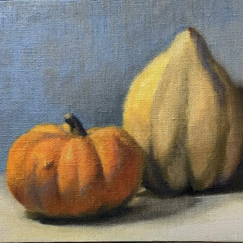 Oil painting. Still life. Gourds. Pumpkins.