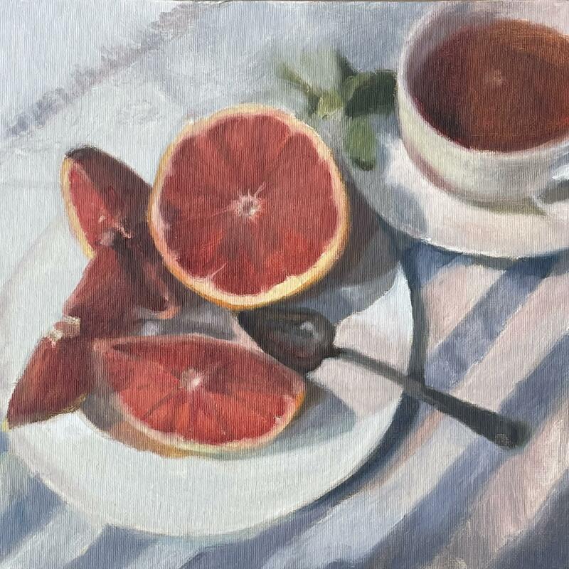 Pink Grapefruit Mint Tea. Oil on canvas board. Framed 35x35cms. £395