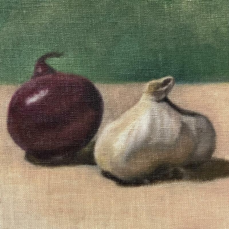 Oil painting. Still Life. Onion & Garlic.
