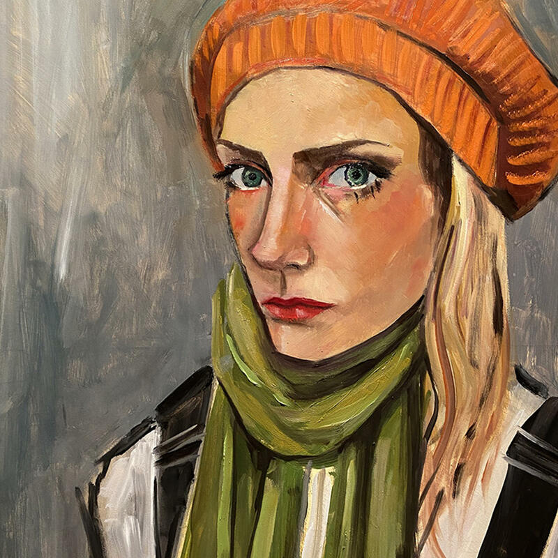 Ginger Hat and Olive Scarf – oil on canvas, Amy Hemingway