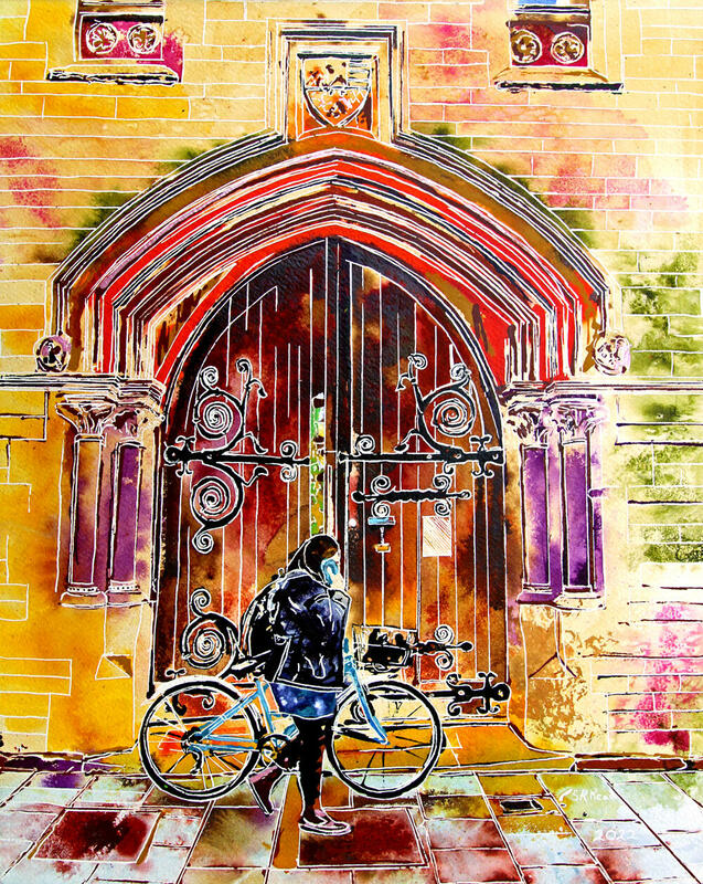 Painting of a woman and bike walking past Balliol College Door in Oxford by artist Cathy Read