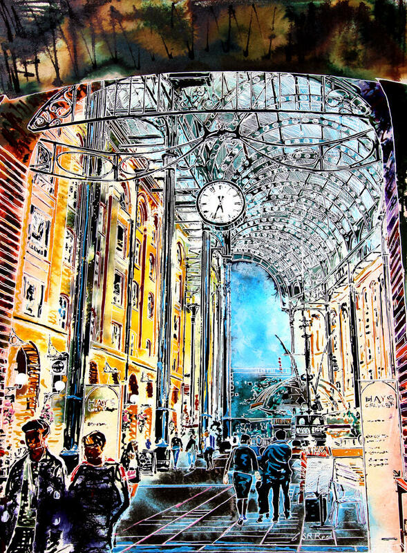 Painting of Hay's Galleria on the South Bank, London by artist Cathy Read